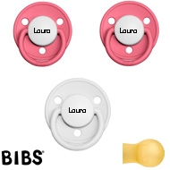 Bibs de Lux sutter med navn (2 Coral+ 1 White -HK) Runde Latex str.1, 3 pack